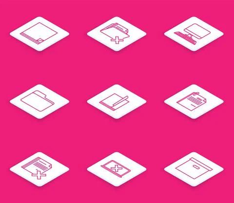 Set line File document, Delete folder, Computer monitor with keyboard, Document Stock Illustration