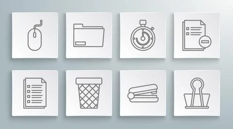 Set line File document, Document folder, Trash can, Office stapler, Binder clip Stock-Illustration