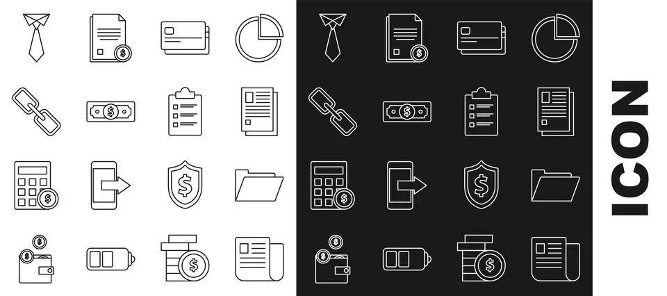 Set line File document, Document folder, Credit card, Stacks paper money cash Stock Illustration