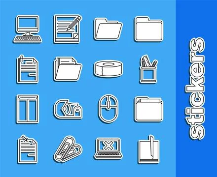 Set line File document, Document folder, Pencil case stationery, and paper clip Stock Illustration