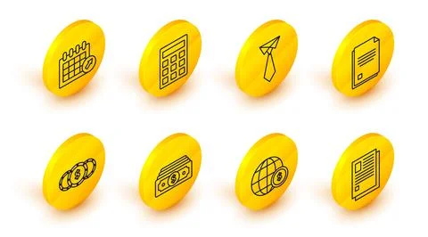 Set line File document, Earth globe with dollar symbol, Stacks paper money cash Stock Illustration