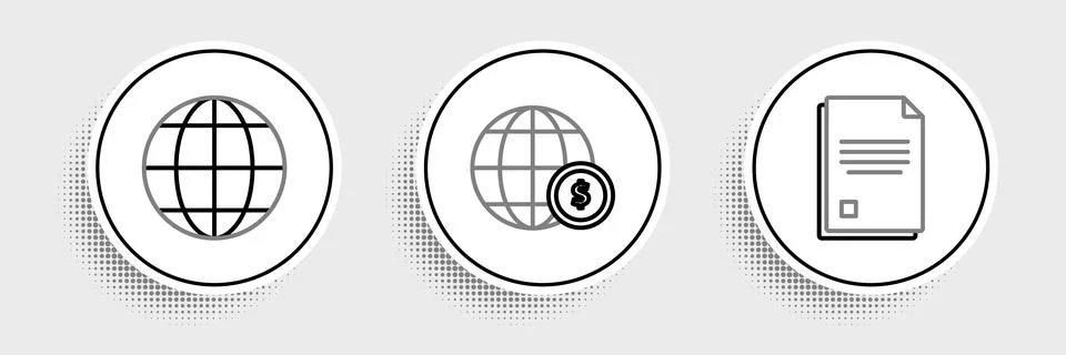 Set line File document, Earth globe and with dollar symbol icon. Vector Stock Illustration