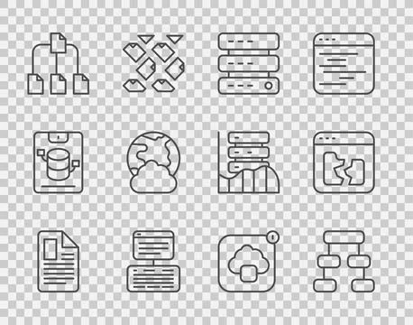 Set line File document, Hierarchy organogram chart, Server, Data, Web Hosti.. Illustrazione stock