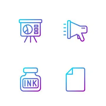 Set line File document, Inkwell, Board with graph and Megaphone. Gradient color Stock Illustration