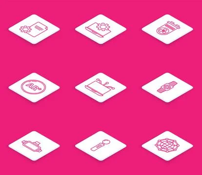 Set line File document, Laptop and gear, Video graphic card, Ar, augmented .. Stock Illustration