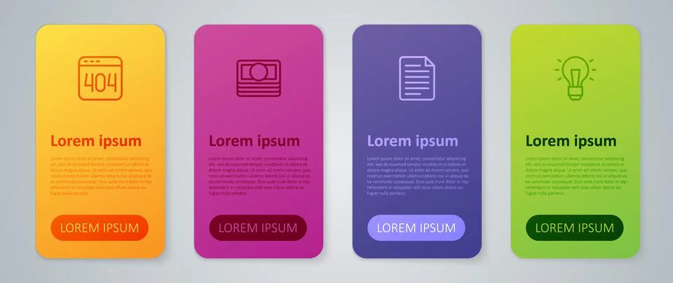 Set line File document, Light bulb, Page with a 404 error and Stacks paper money Illustrazione stock