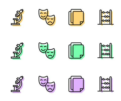 Set line File document, Microscope, Comedy and tragedy masks and Abacus icon Stock Illustration