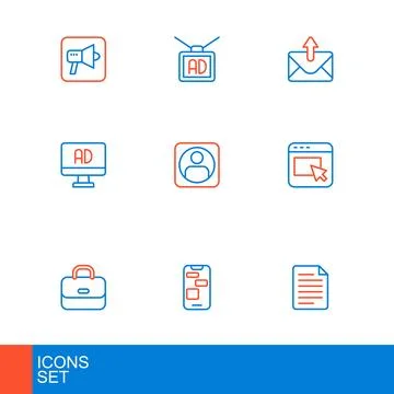 Set line File document, Mobile 24 hours support, Briefcase, Advertising, Cr.. Stock Illustration