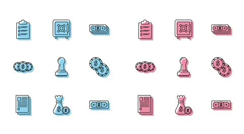 Set line File document, Money bag and coin, Clipboard with checklist, Stacks Stock Illustration