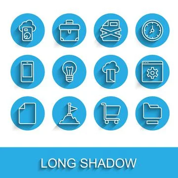 Set line File document, Mountains with flag on top, Cloud database, Shopping Stock Illustration