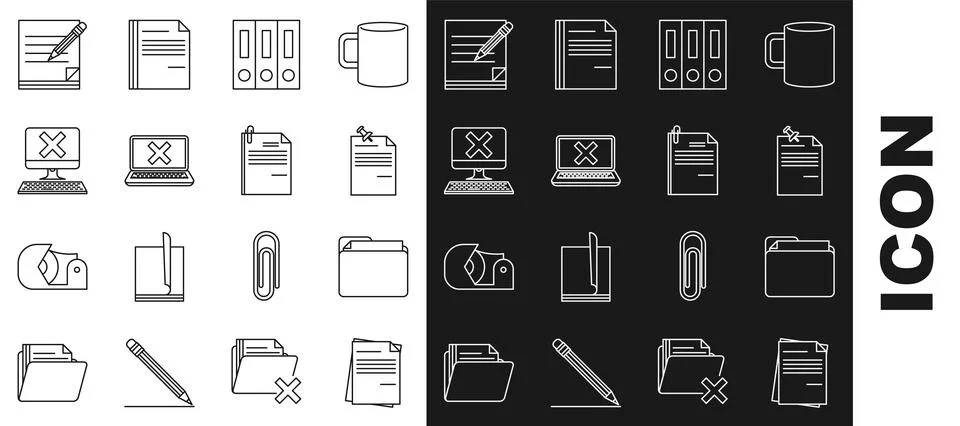 Set line File document, Note paper with pinned pushbutton, Office folders papers Stock Illustration