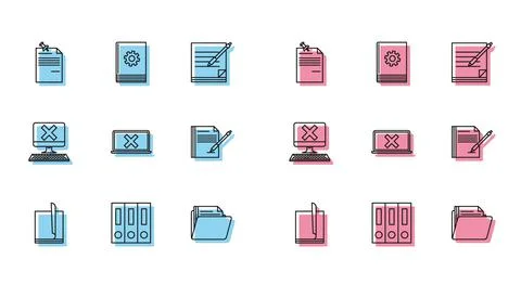 Set line File document, Office folders with papers and documents, Note pinned Illustrazione stock