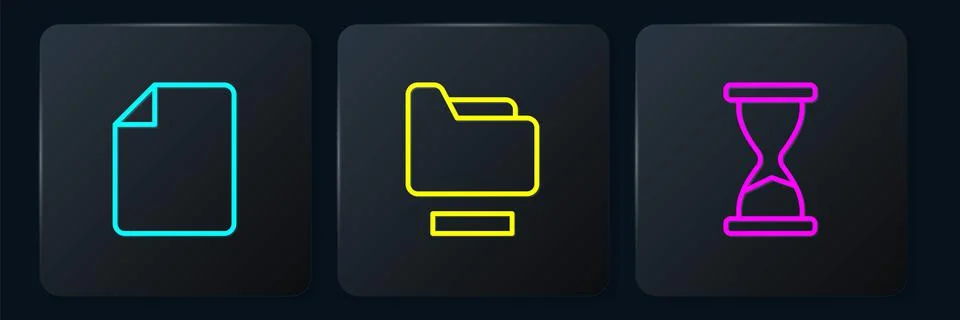 Set line File document, Old hourglass and Document folder. Black square button Illustrazione stock