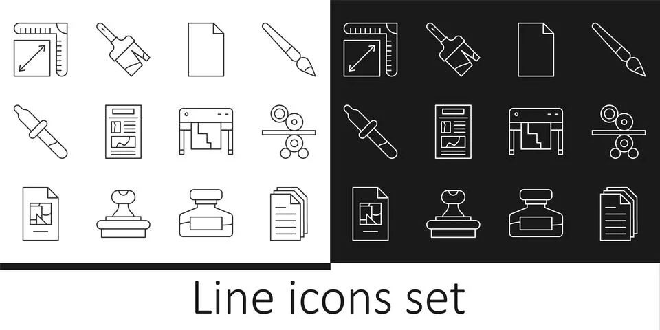 Set line File document, Paper roll of printing press, Empty, News, Pipette, size Stock Illustration