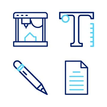 Set line File document, Pencil with eraser, Text and 3D printer icon. Vector 库存插图