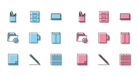 Set line File document, Pencil with eraser and line, case stationery, Offic.. Stock Illustration
