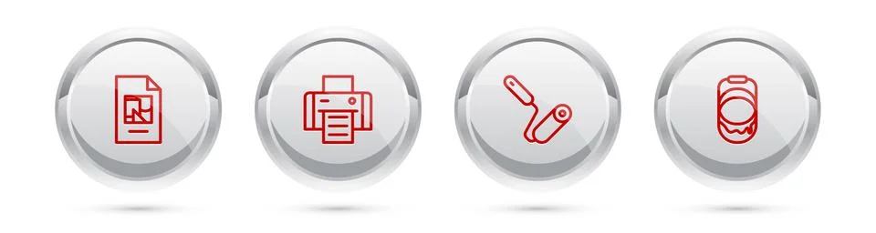 Set line File document, Printer, Paint roller brush and bucket. Silver circle Stock Illustration