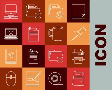 Set line File document, Printer, Push pin, Folder settings with gears, and .. Stock Illustration
