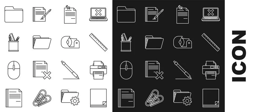 Set line File document, Printer, Ruler, Note paper with pinned pushbutton, .. 库存插图