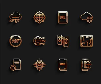 Set line File document, Processor, Internet of things, SSD card, Smartphone.. Stock Illustration