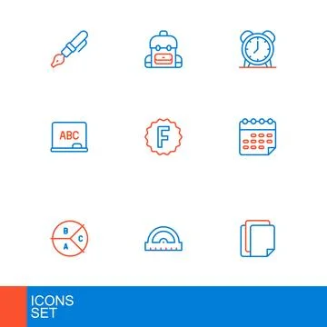 Set line File document, Protractor grid, Pie chart infographic, School time.. Stock Illustration