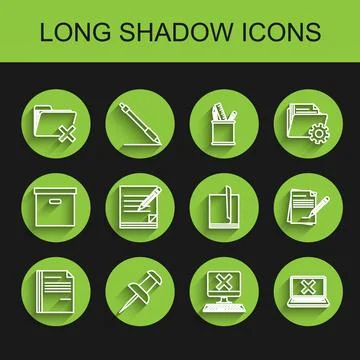 Set line File document, Push pin, Delete folder, Computer with keyboard and x Stock Illustration