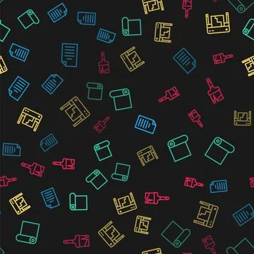 Set line File document, Roll of paper, Plotter and Paint brush on seamless Ilustración de archivo