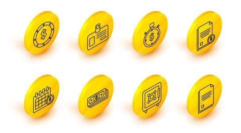 Set line File document, Safe, Stacks paper money cash, Financial calendar, Fi Stock Illustration