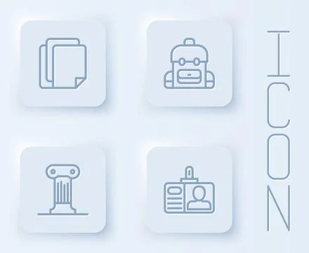 Set line File document, School backpack, Law pillar and Identification badge Stock Illustration