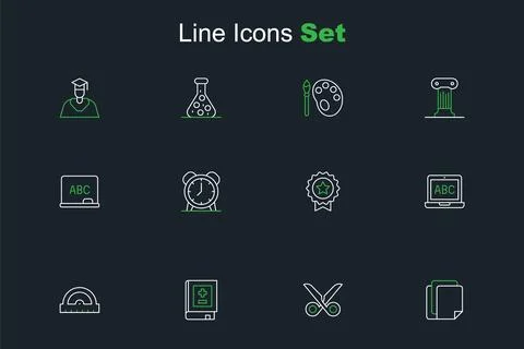 Set line File document, Scissors, Book with mathematics, Protractor grid, L.. Stock Illustration