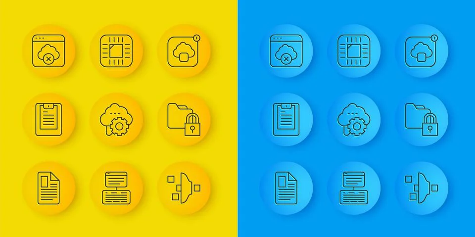 Set line File document, Server, Data report, Cloud technology data transfer 스톡 일러스트