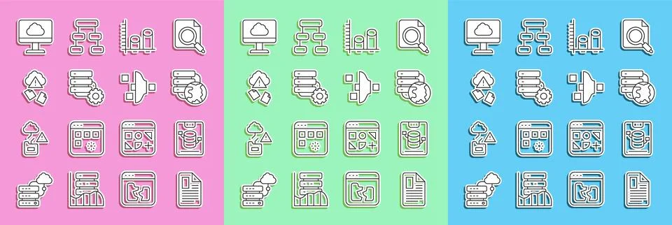 Set line File document, Server, Data, Web Hosting, Network cloud connection Illustrazione stock