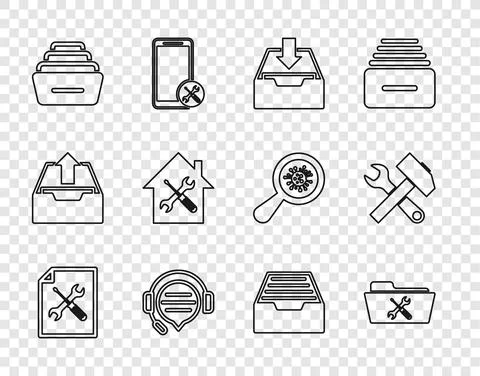 Set line File document service, Folder, Download inbox, Headphones with speech Stock Illustration