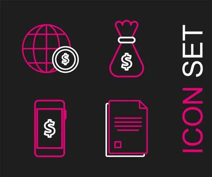 Set line File document, Smartphone with dollar symbol, Money bag and Earth globe Stock Illustration