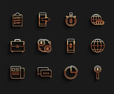 Set line File document, Speech bubble chat, Clipboard with checklist, Pie chart Stock Illustration