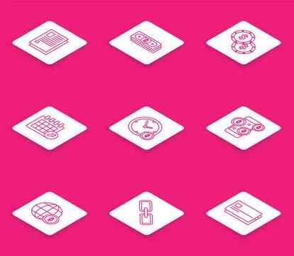 Set line File document, Stacks paper money cash, Coin with dollar symbol 库存插图