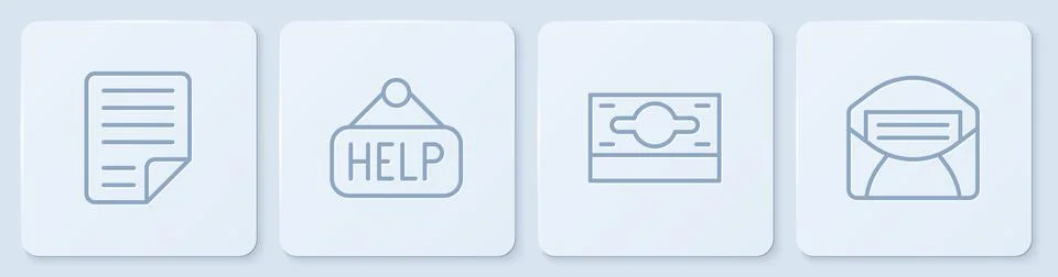 Set line File document, Stacks paper money cash, Signboard with text Help and Illustrazione stock