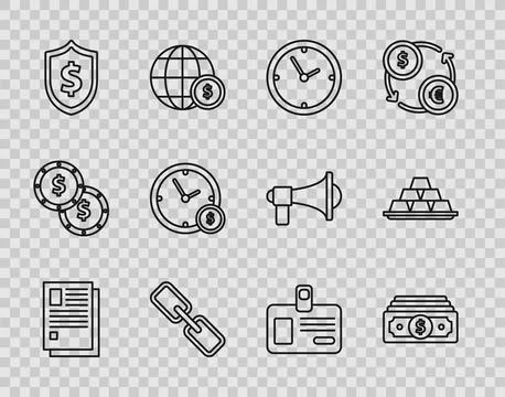 Set line File document Stacks paper money cash Clock Chain link Shield with d Stock Illustration