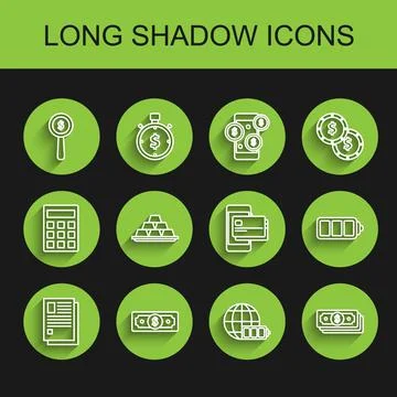 Set line File document, Stacks paper money cash, Magnifying glass and dolla.. Illustrazione stock