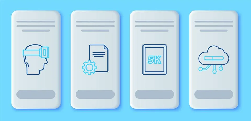 Set line File document, Tablet with text 5k, Virtual reality glasses and Illustrazione stock