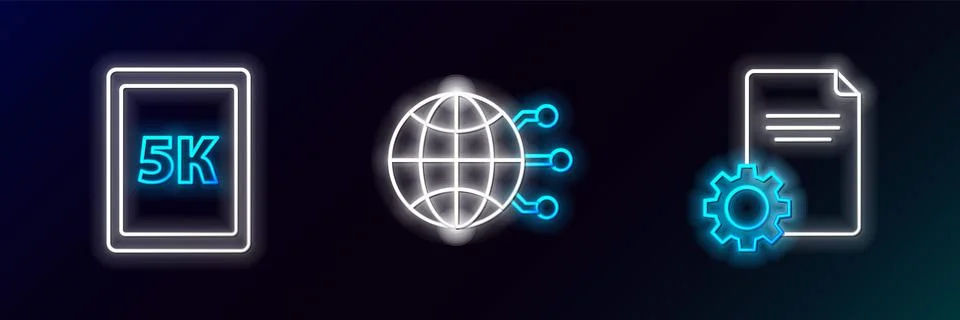 Set line File document, Tablet with text 5k and Global technology or social.. Stock Illustration