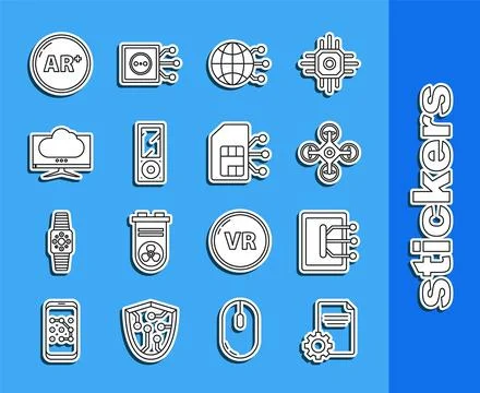 Set line File document, Tablet, Drone, Global technology or social network,.. Illustrazione stock