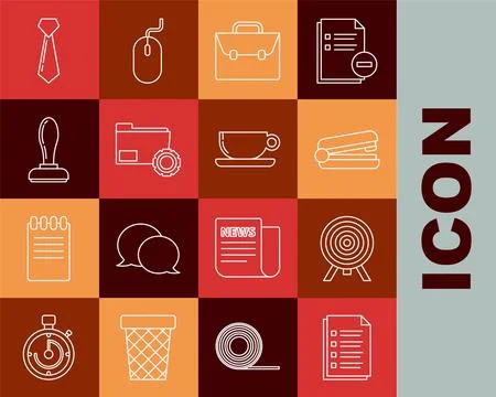 Set line File document, Target, Office stapler, Briefcase, Folder settings .. Stock Illustration