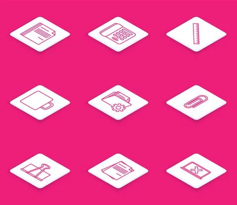 Set line File document, Telephone, Ruler, Coffee cup, Folder settings with gears Stock Illustration