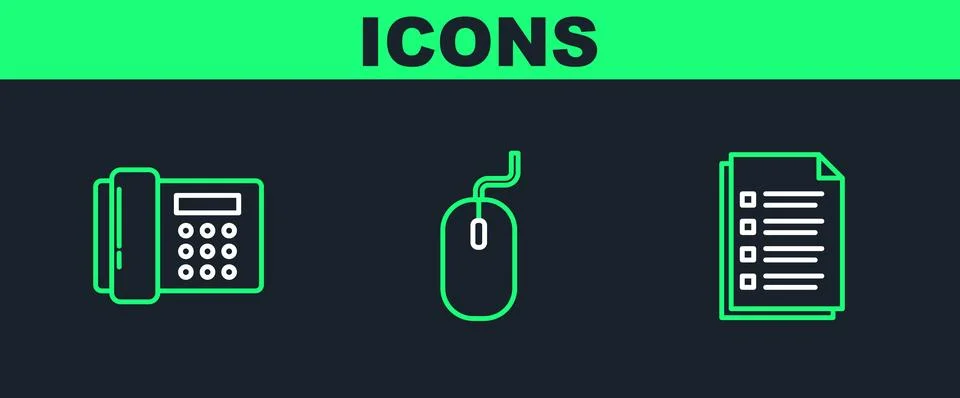 Set line File document, Telephone and Computer mouse icon. Vector Stock Illustration