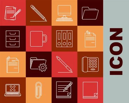 Set line File document, Telephone, Note paper with pinned pushbutton, Compu.. Stock Illustration
