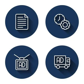 Set line File document, Time management, Advertising and on truck with long Illustrazione stock
