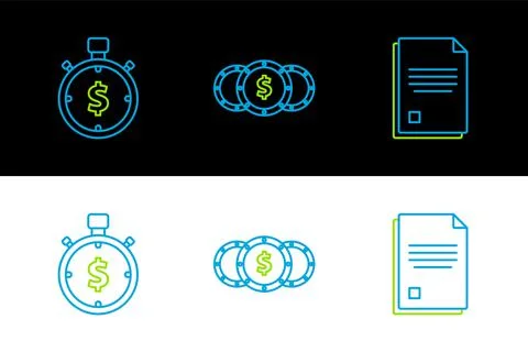Set line File document, Time is money and Coin with dollar symbol icon. Vecto Stock Illustration
