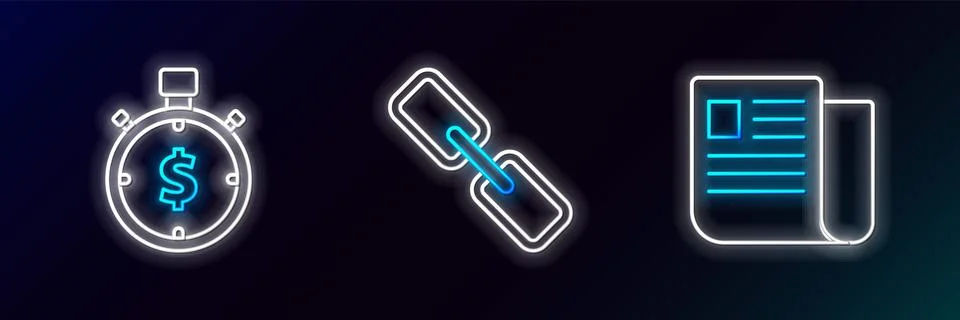 Set line File document, Time is money and Chain link icon. Glowing neon. Vect Stock Illustration