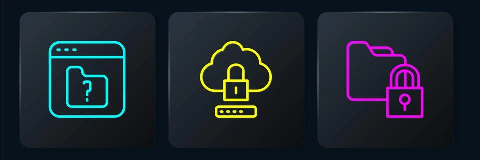 Set line File missing, Folder and lock and Cloud computing. Black square button Stock Illustration